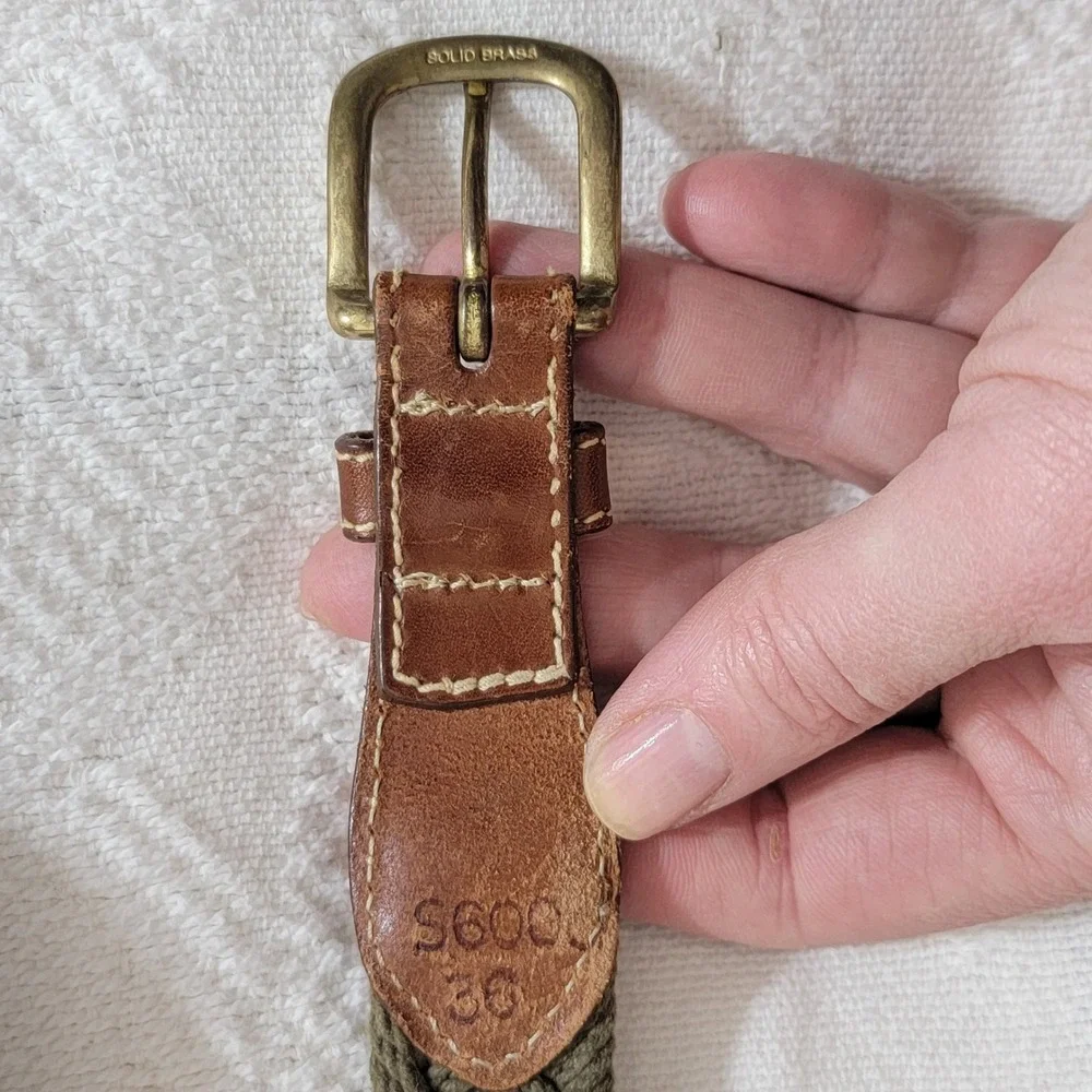 VTG L.L. Bean Braided Cotton Webbing Leather Belt Olive Green 36 SEE MEASUREMENT